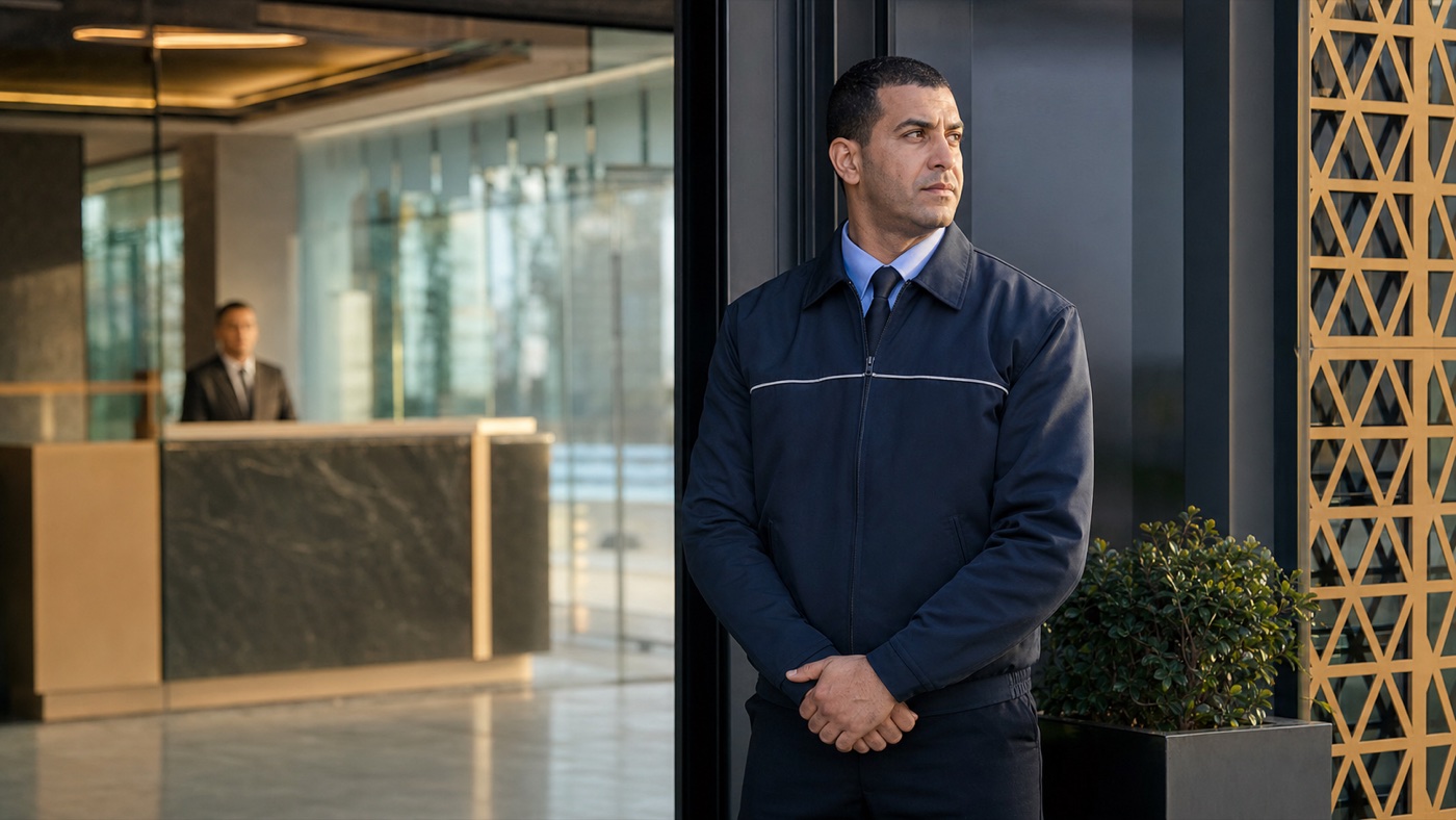 Agent de sécurité en poste à l’entrée d’un immeuble professionnel