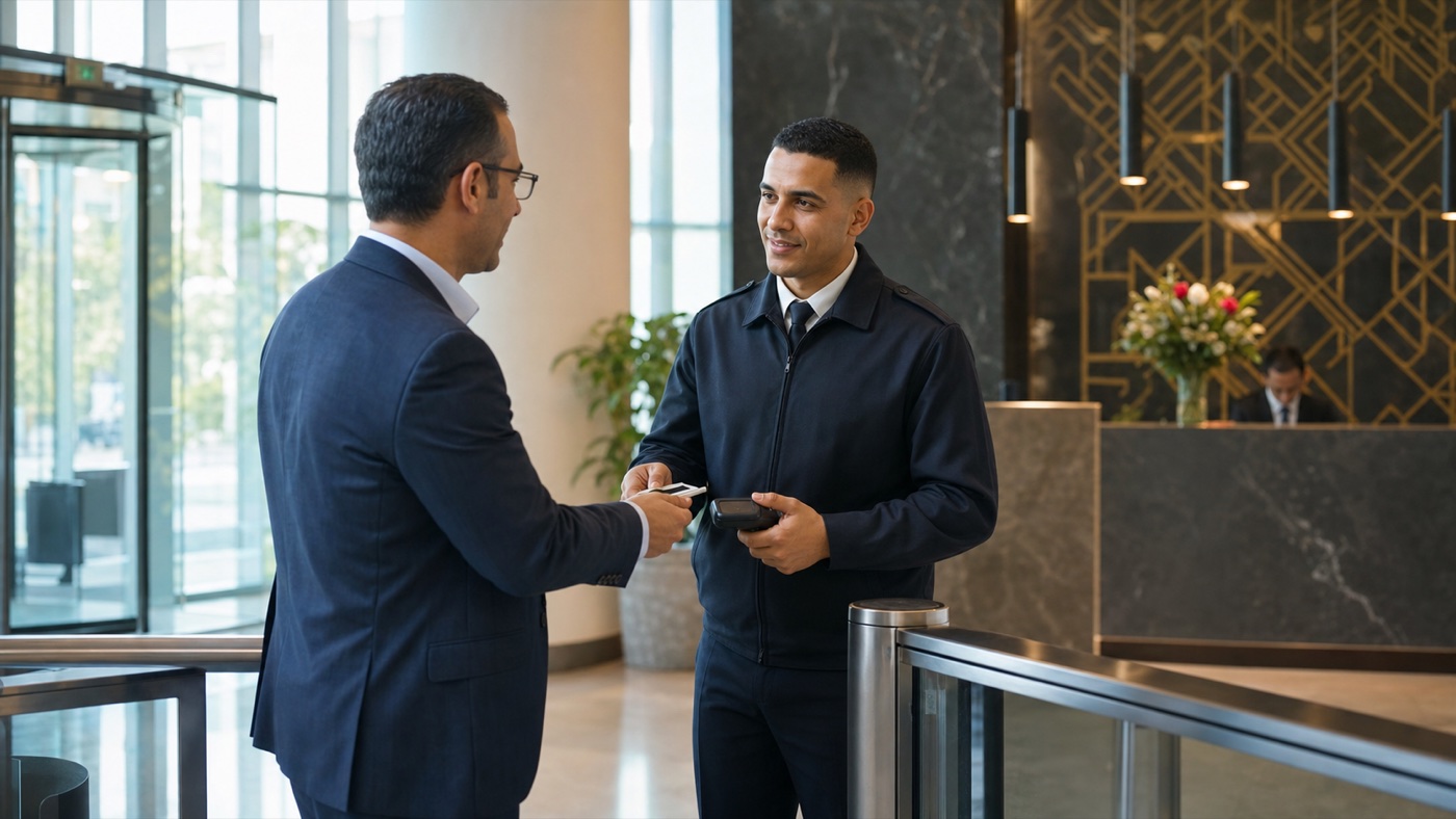 Agent accueillant un visiteur à un point de contrôle d’accès