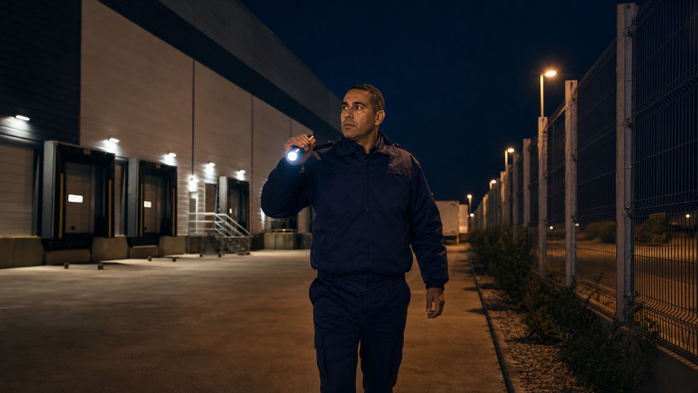 Agent en ronde de nuit le long d’un entrepôt logistique