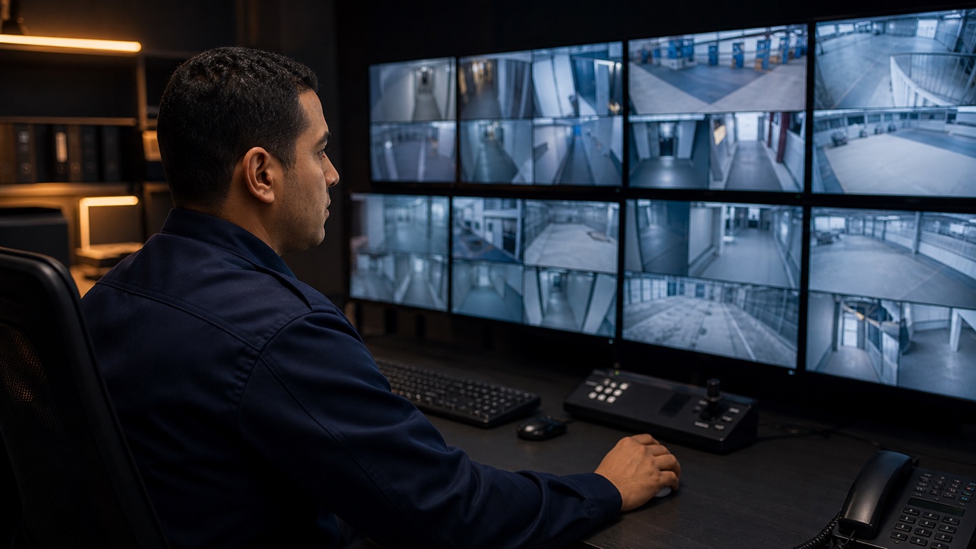 Opérateur de sécurité supervisant les caméras d’un site