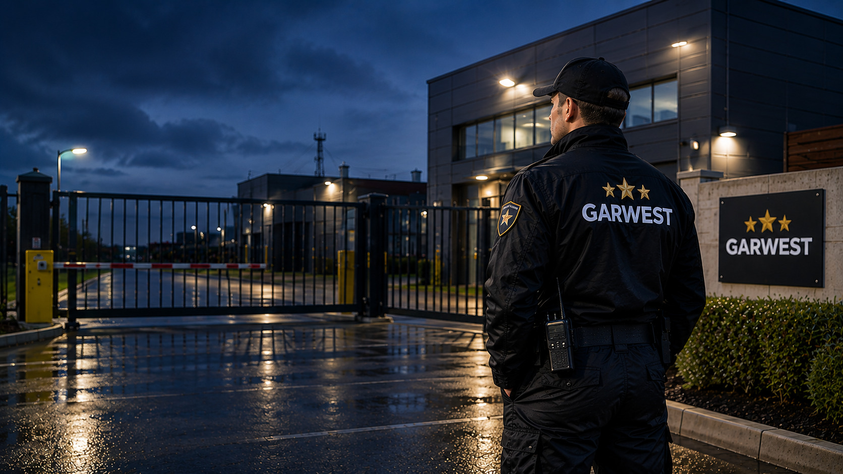 Agent de gardiennage statique devant un site professionnel