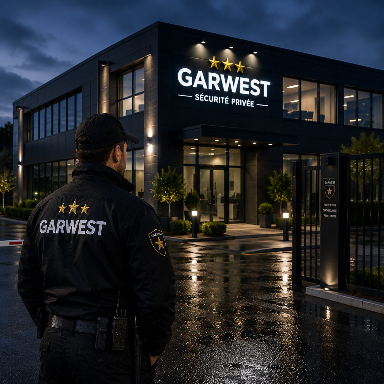 Agent de sécurité en uniforme devant l’entrée d’un immeuble