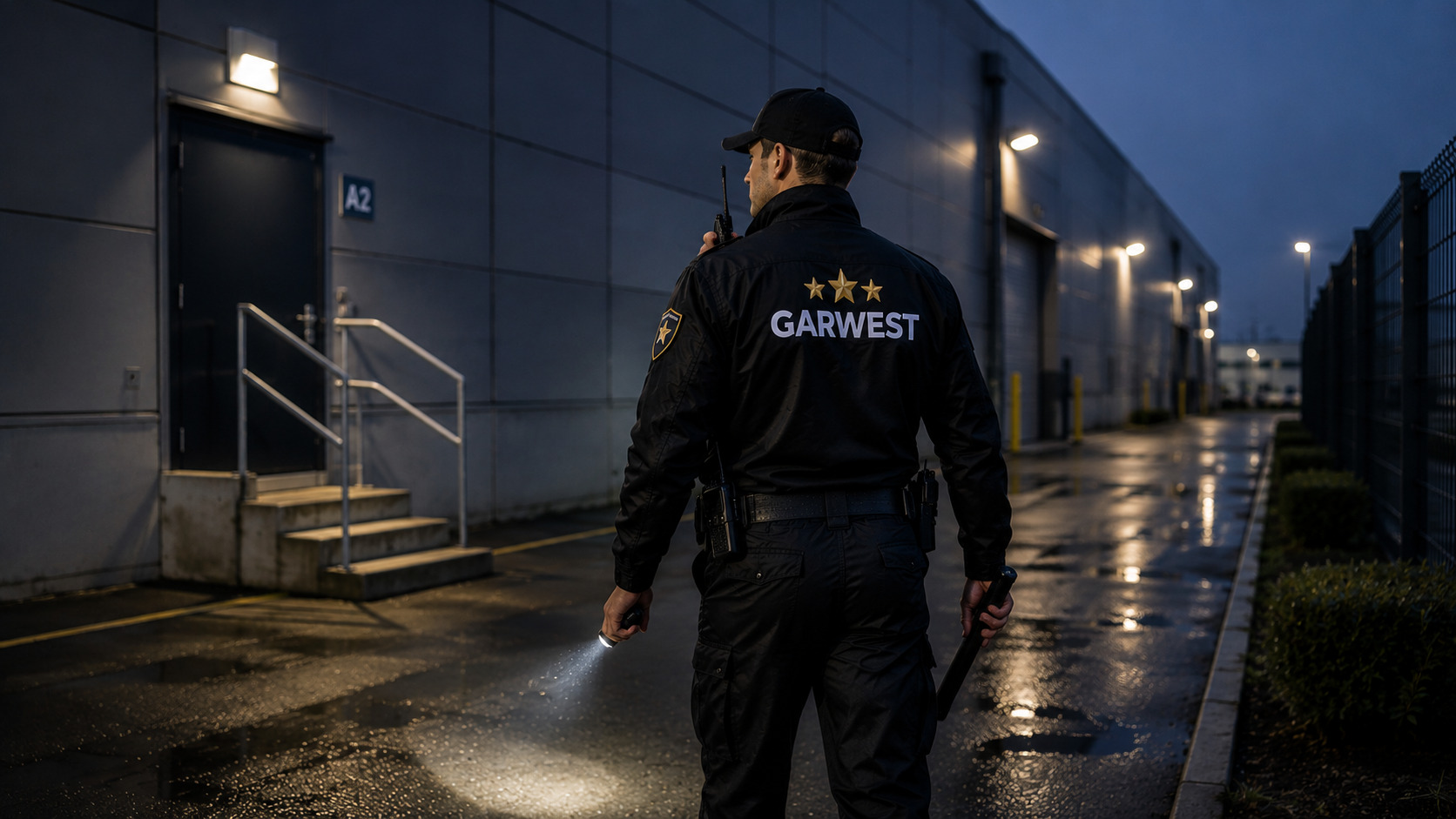 Agent de sécurité effectuant une ronde de surveillance extérieure